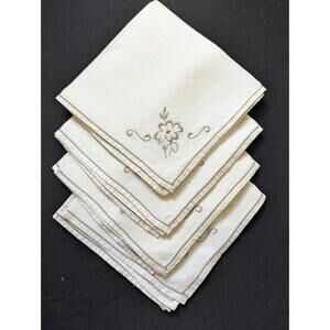 Vtg Set Of 4 Ivory Linen Napkins Floral Hand Embroidery 13”x13”